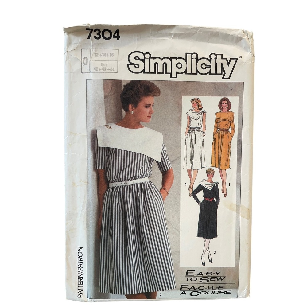 Simplicity 7304 Easy-to-Sew Pullover Dress Misses Size 12-16 1980s FF UNCUT